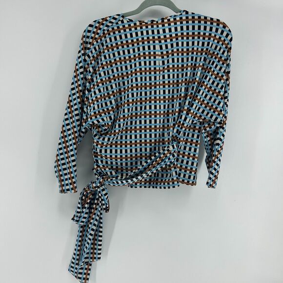J. McLaughlin Wrap Top Womens XS Blue Brown Geometric Print Blouse Stretchy Soft - Picture 8 of 12